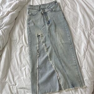 Distressed denim heart pockets maxi skirt